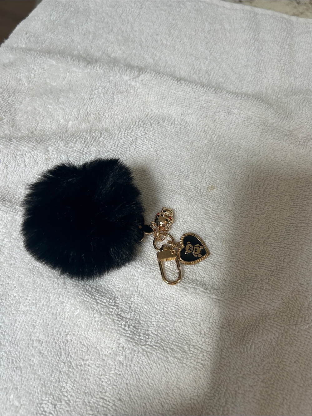Black Fur Pom Pom Keychain with Gold Heart Charm